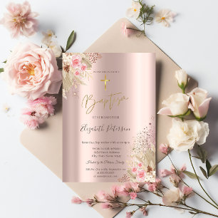 Gold Cross Pampas Grass Flowers Baptism Rose Gold  Invitation