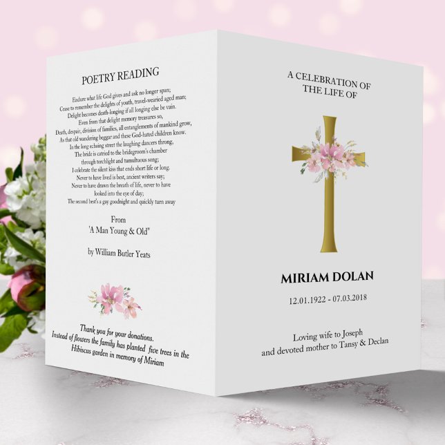 Gold cross, pink bouquet commemoration program flyer (Creator Uploaded)