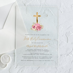 Gold Cross Pink Floral First Communion Acrylic Invitations