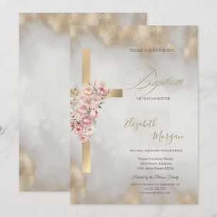 Gold Cross Pink Flowers Baptism Glitter Gold Invitation