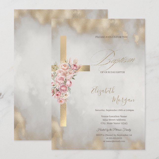  Gold Cross Pink Flowers Baptism Glitter Gold Invitation (Front/Back)
