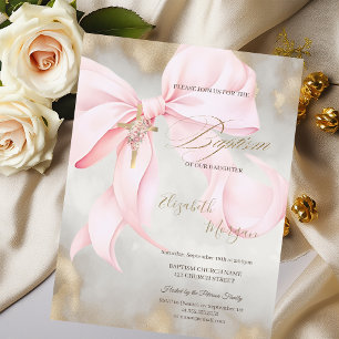  Gold Cross Pink Flowers Bow Baptism Glitter Gold Invitation