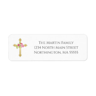 Gold Cross Pink Roses Grey Script Return Address