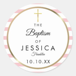 Gold Cross Pink Stripe Baptism Christening Classic Round Sticker