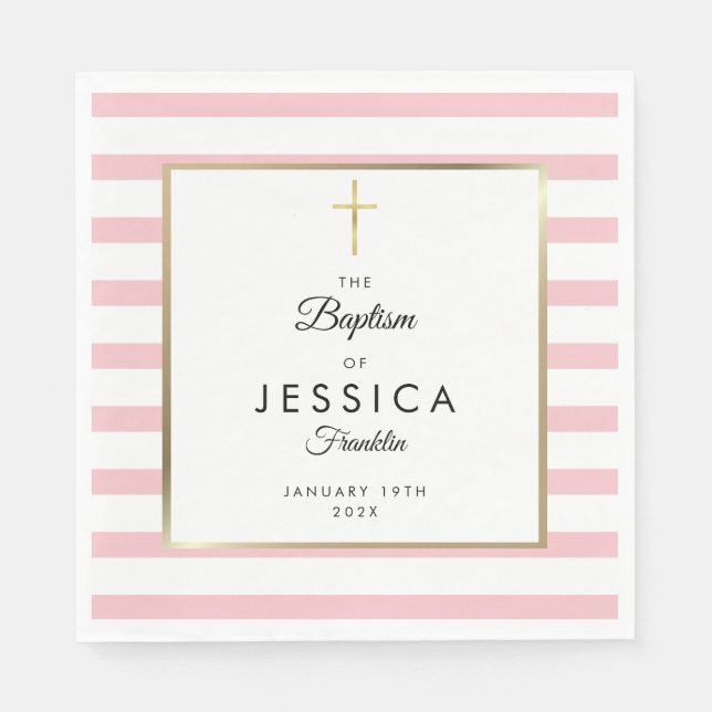 Gold Cross Pink Stripe Baptism Christening Napkin (Front)