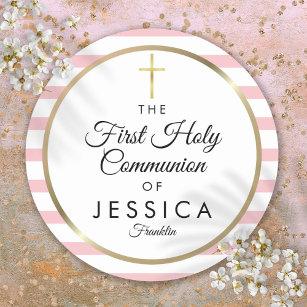 Gold Cross Pink Stripe First Holy Communion Classic Round Sticker