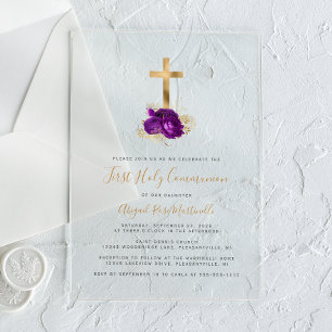 Gold Cross Purple Floral First Communion Acrylic Invitations