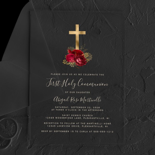 Gold Cross Red Floral Gold Text First Communion Acrylic Invitations (Creator Uploaded)
