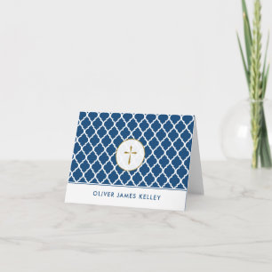 Gold Cross Religious Thank You, Navy Quatrefoil You Card