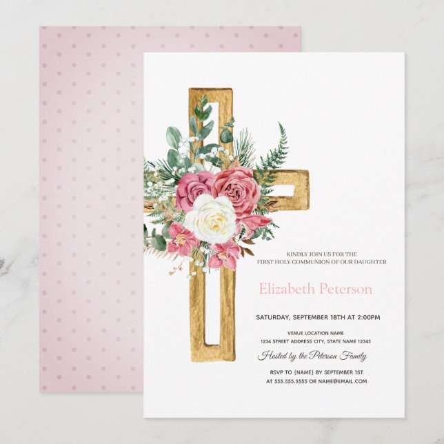 Gold Cross Roses,Dotted First Holy Communion   Invitation (Front/Back)