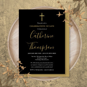 Gold Cross Script Funeral Celebration of Life Invitation