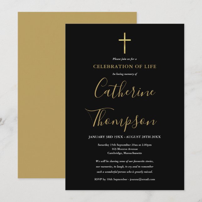 Gold Cross Script Funeral Celebration of Life Invitation (Front/Back)