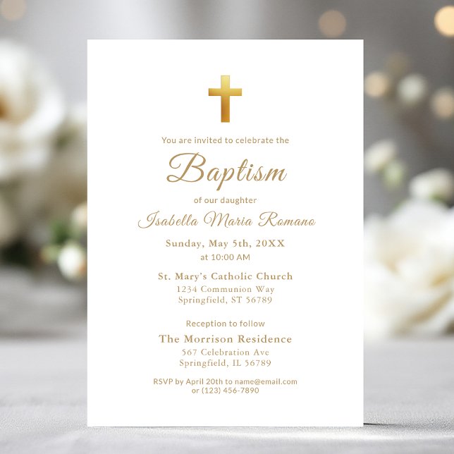 Gold Cross Script Typography Chic Elegant Baptism Invitation (Creator Uploaded)