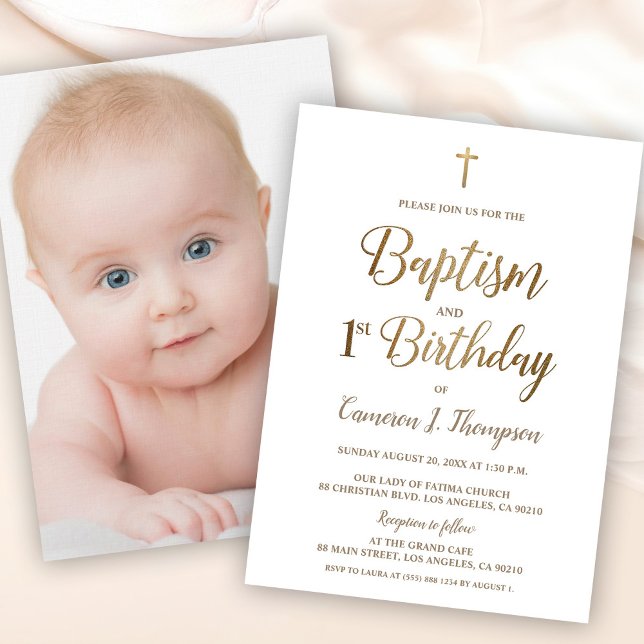 Gold Cross Simple Baptism and 1st birthday Photo Invitation (Baby photo baptism and first birthday invitation template. gold and white.)