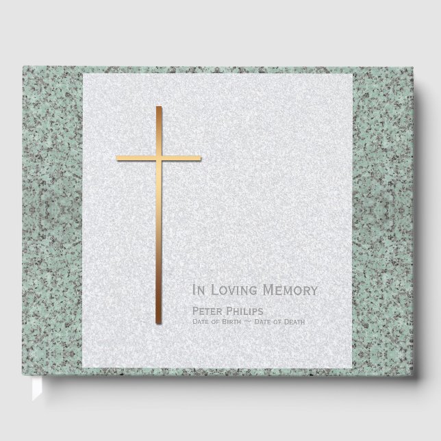 Gold Cross Stone 2 Funeral Memorial Guest Book (Front)