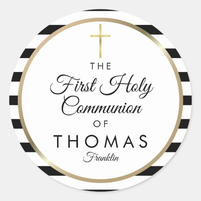 Gold Cross Stripe First Holy Communion Classic Round Sticker (Front)