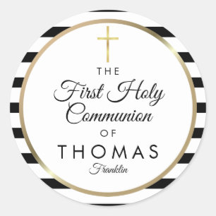 Gold Cross Stripe First Holy Communion Classic Round Sticker