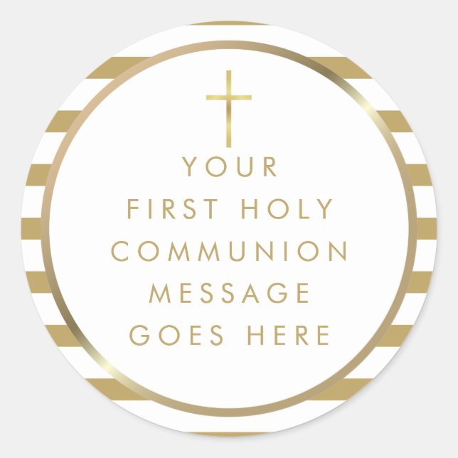 Gold Cross Stripe First Holy Communion Message Classic Round Sticker (Front)