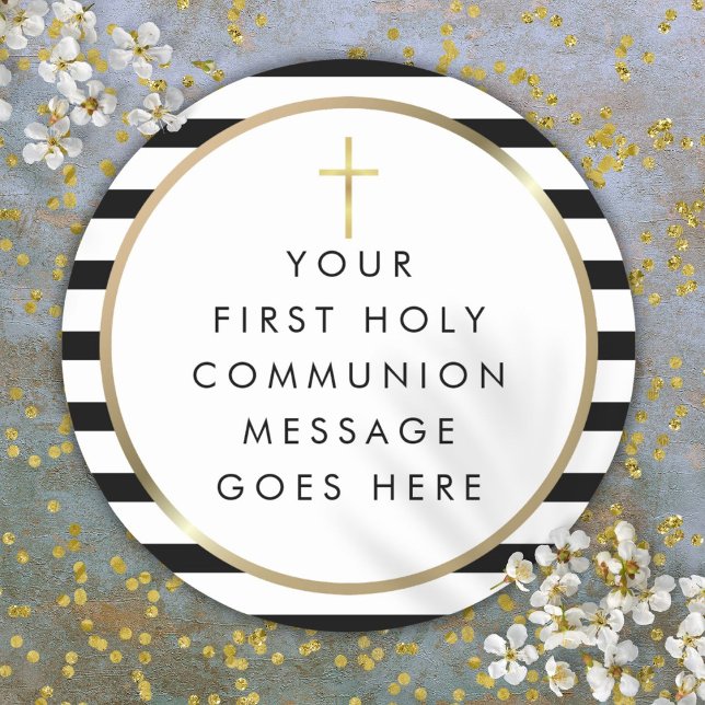 Gold Cross Stripe First Holy Communion Message Classic Round Sticker (Gold Cross Stripe First Holy Communion Message Classic Round Sticker)
