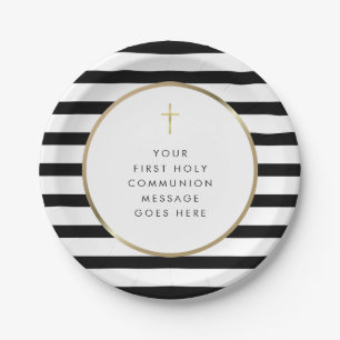 Gold Cross Stripe First Holy Communion Message Paper Plate