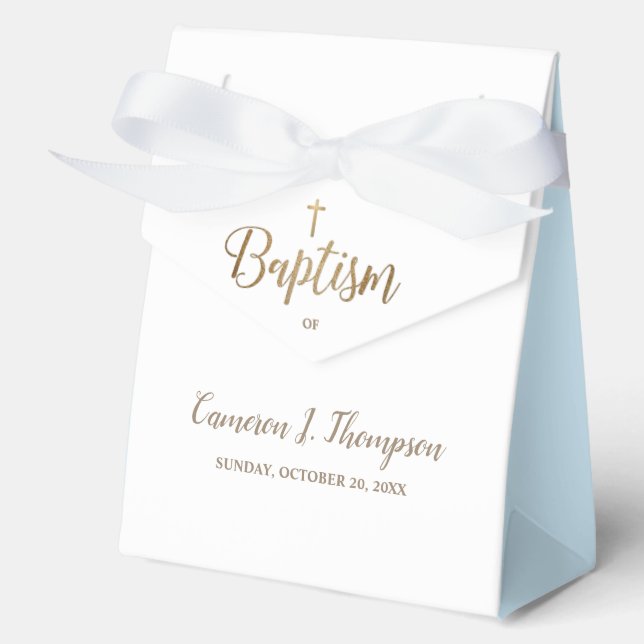 Gold Cross Thank You White Blue Baptism  Favor Box (Front)