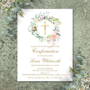 Gold Cross Watercolor Floral Confirmation Invitation Postcard