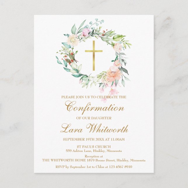 Gold Cross Watercolor Floral Confirmation Invitation Postcard (Front)