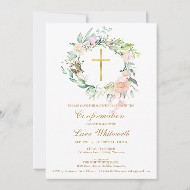 Gold Cross Watercolor Floral Confirmation Save The Date (Front)