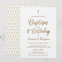 Gold Cross White Baptism 1st Birthday Invitation