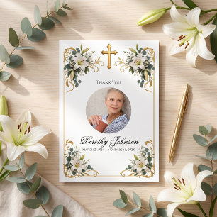 Gold cross white lily Elegant Christian Memorial Thank You Card