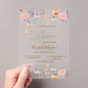  Gold Cross Wildflowers Pink Baptism  Acrylic Invitations