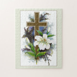 Gold Cross With White Flower Jigsaw Puzzle
