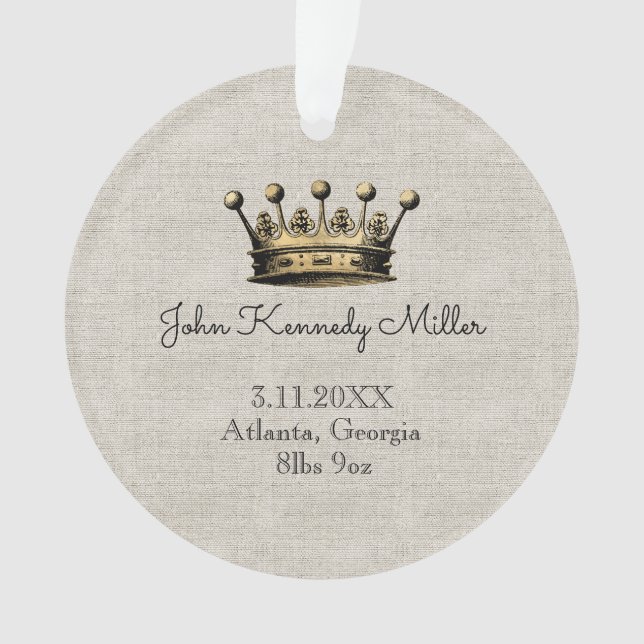 Gold Crown Baby Birth Announcement Keepsake Linen Ornament (Front)