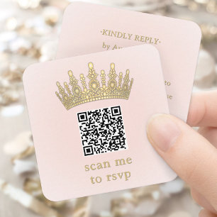 Gold Crown Blush Pink Quinceañera Scan Me QR RSVP Enclosure Card