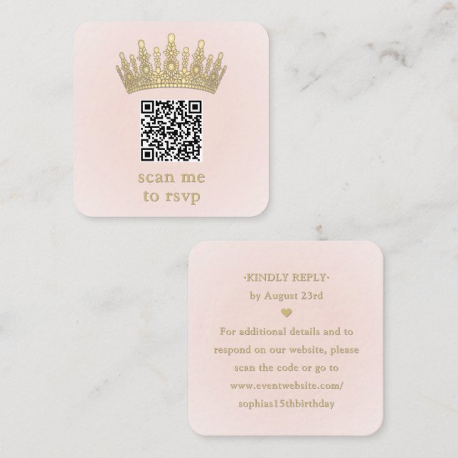 Gold Crown Blush Pink Quinceañera Scan Me QR RSVP Enclosure Card (Front/Back)