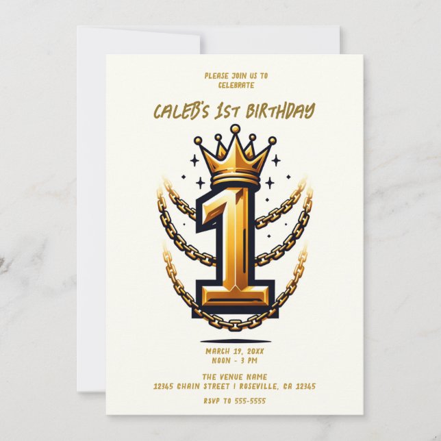 Gold Crown Chain Drip 1 #1 1st Birthday Party Invitation (Front)