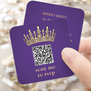 Gold Crown Dark Purple Quinceañera Scan Me QR RSVP Enclosure Card