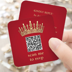 Gold Crown Elegant Red Quinceañera Scan Me QR RSVP Enclosure Card