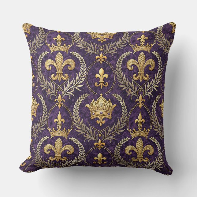 Gold Crown Fleur-de-lis Royal Purple Pattern Print Throw Pillow (Front)