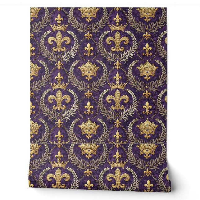 Gold Crown Fleur-de-lis Royal Purple Pattern Print Wallpaper (Unrolling)