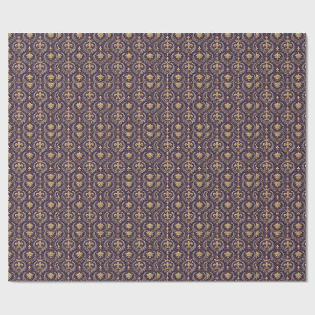Gold Crown Fleur-de-lis Royal Purple Pattern Print Wrapping Paper (Flat)
