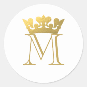 Gold Crown Monogram Classic Round Sticker