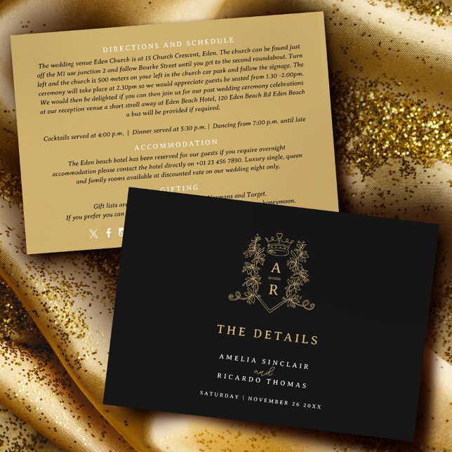 Gold crown monogram wedding details black enclosure card (Creator Uploaded)