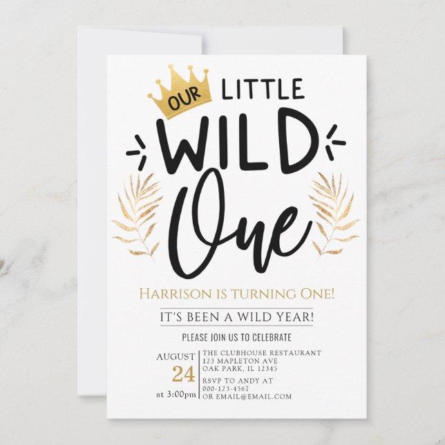  Gold Crown Our Little Wild One 1st Birthday Invitation (Front)