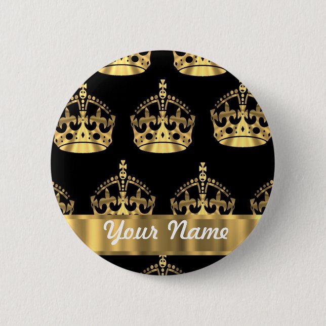 Gold crown pattern on black 2 inch round button (Front)