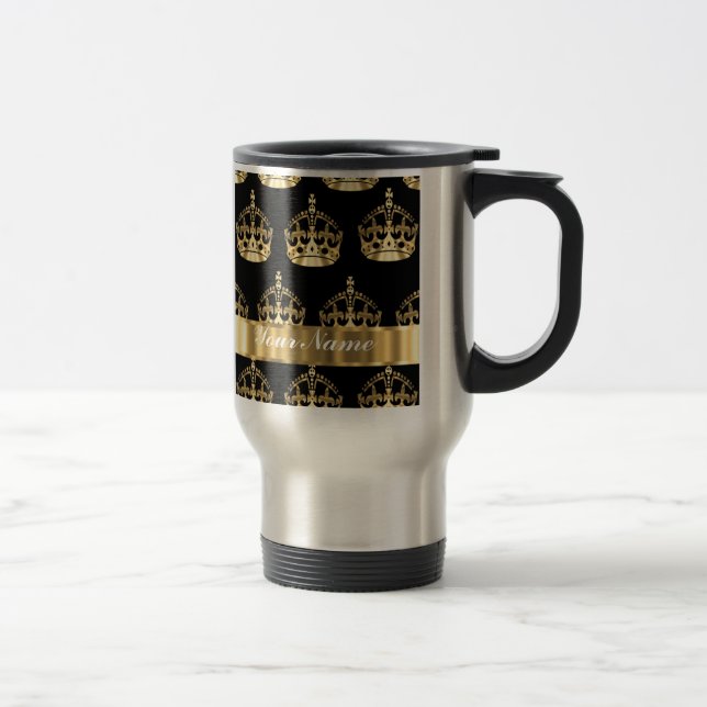Gold crown pattern on black travel mug (Right)