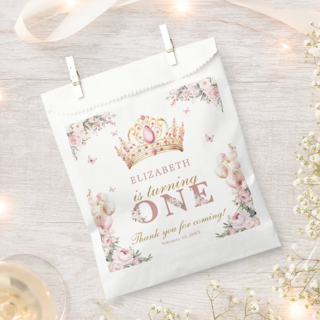 Gold Crown Princess Girl 1st Birthday Balloons Favour Bag (Clipped)