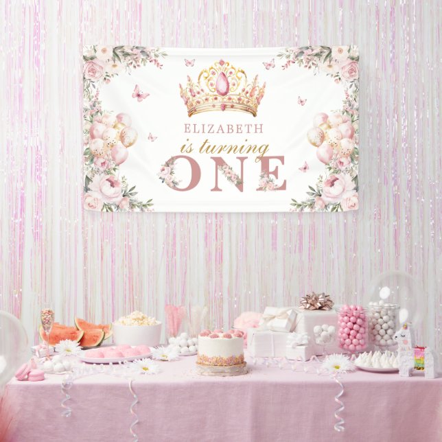 Gold Crown Princess Girl 1st Birthday Blush Floral Banner (Party)