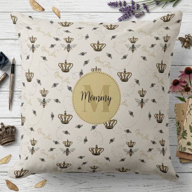 Gold Crown Queen Bee Monogram Royal Ivory Throw Pillow (Elegant Queen Bee, Honeybees and Royal Gold Crown Pattern Hand Drawn in Black Ink with Monogram)