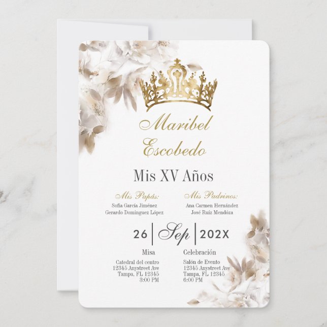 Gold crown quinceañera  invitation (Front)